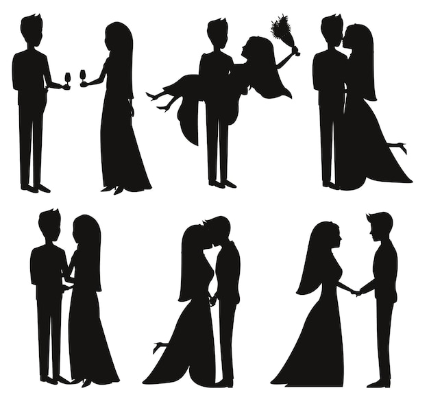 Scenes newly married couple different standing vector silhouettes