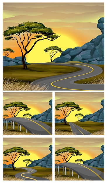 Vector scènes van weg naar platteland bij zonsondergang