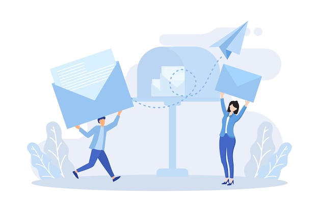 Scènes voor e-mailmarketing. Personages die een online postbus gebruiken en reclamemails verzenden.