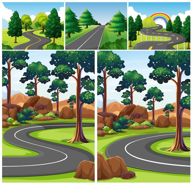 Vector scenes with road through the forest