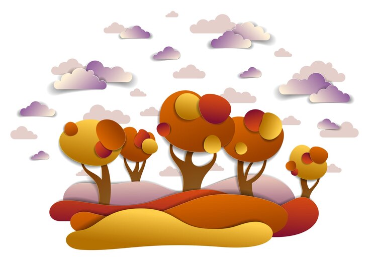 Vector scenic autumn landscape of meadows and trees, cloudy sky with birds and sun, fall fields and grasslands vector illustration in paper cut kids style. autumn in countryside, travel and tourism.