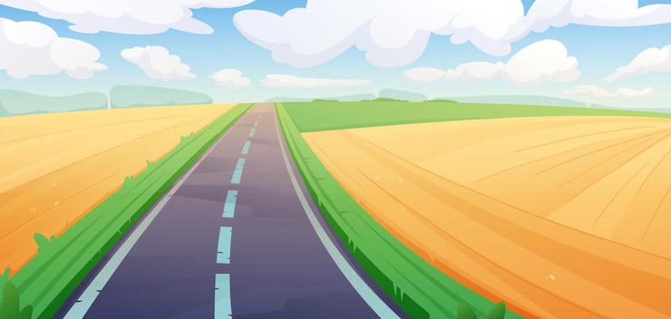 Vector a scenic cartoon illustration game children background with countryside road surrounded by vibrant green fields and golden wheat under bright blue sky with fluffy clouds