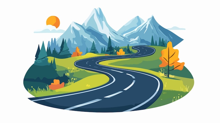 Vector scenic curved road with mountains illustration in flat vector style