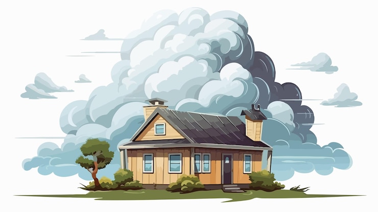 Vector scenic image of house with stormy clouds and thunder natural weather