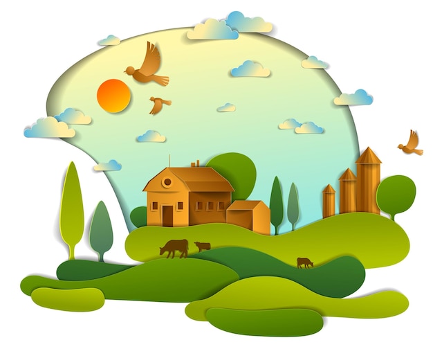 Vector scenic landscape of farm buildings among meadows trees and birds in the sky, vector illustration of summer time relaxing nature in paper cut style. countryside beautiful ranch.