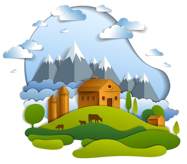 Vector scenic landscape of farm buildings among meadows trees, mountain range and clouds in the sky, vector illustration of summer time relaxing nature in paper cut style. countryside beautiful ranch.