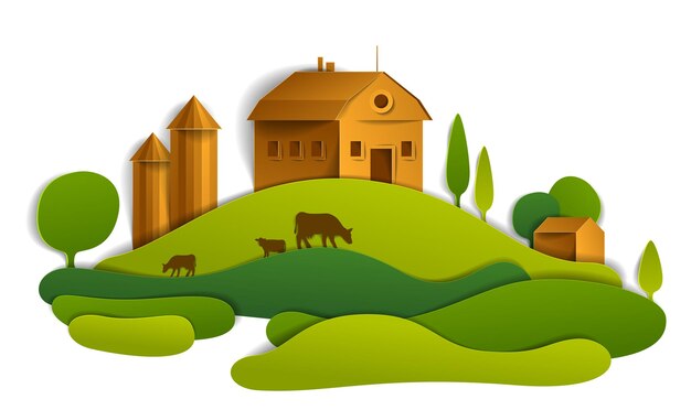 Vector scenic landscape of farm buildings among meadows and trees, vector illustration of summer time relaxing nature in paper cut style. countryside beautiful ranch.