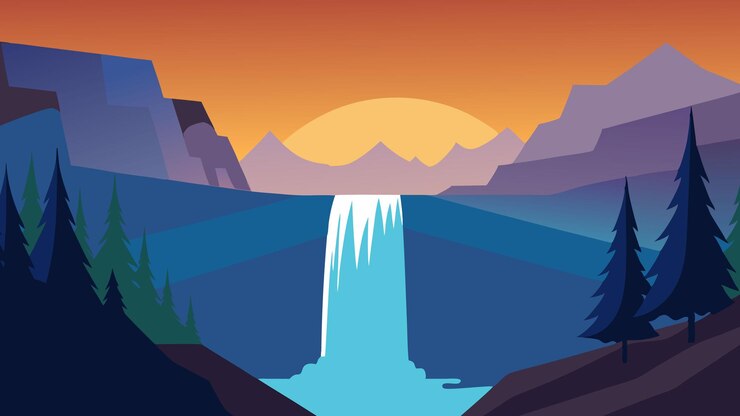 Vector scenic landscape featuring a majestic waterfall vector illustration flat background