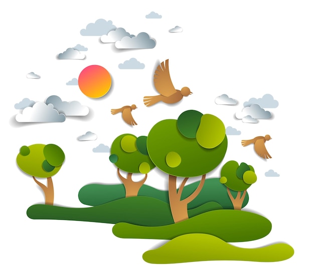 Scenic landscape of meadows and trees, cloudy sky with birds and sun, summer fields and grasslands vector illustration in paper cut kids style. Summer holidays in countryside, travel and tourism.