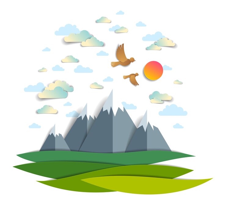 Vector scenic landscape of mountain peaks range cloudy sky with birds and sun summer vector illustration in paper cut kids style summer holidays travel and tourism