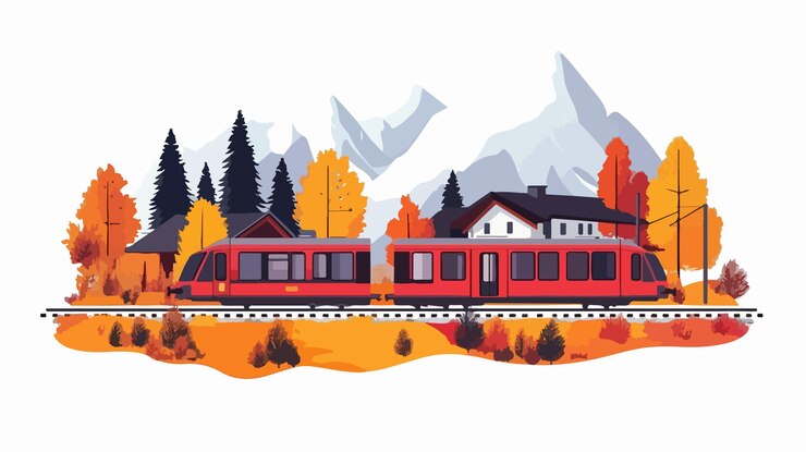 Vector scenic railway passing through colorful autumnal swiss alps village flat