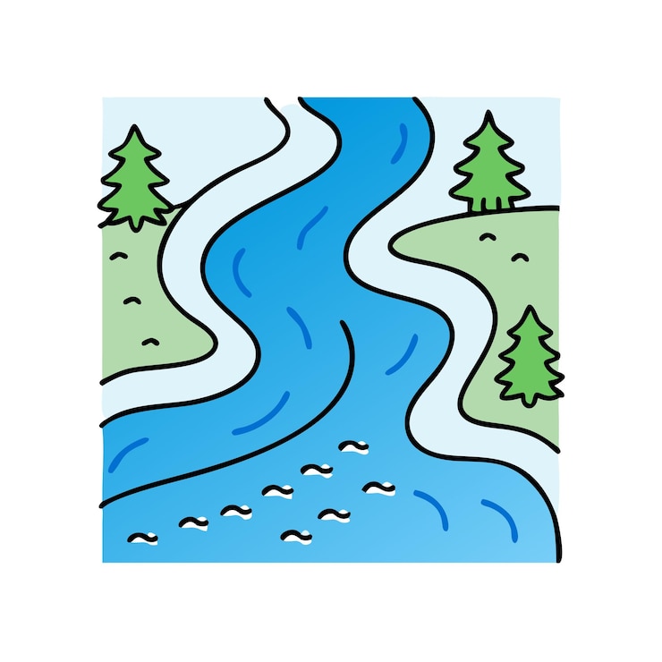 Vector scenic river flowing through a verdant landscape