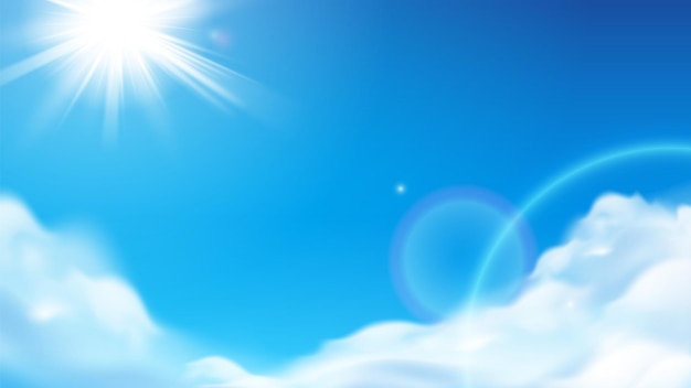Вектор Живописное сияющее солнце с пушистыми облаками