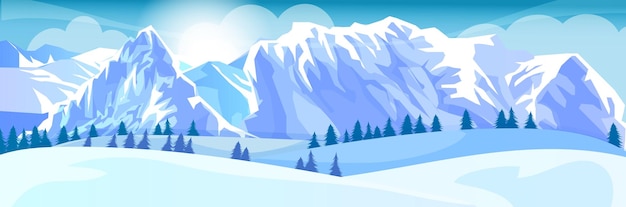 Vettore paesaggio panoramico di montagna innevata attività turistica all'aperto alta vetta roccia ripida inverno avventura arrampicata e viaggio frost e freddo foresta di pini vista panoramica illustrazione vettoriale