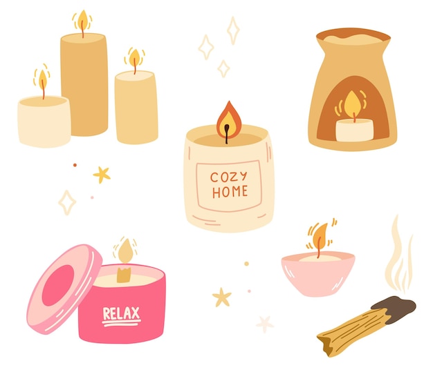 Vector scented candles set. hygge time. cozy home. aromatherapy and relaxation set. various candles. hand draw cartoon vector illustration.
