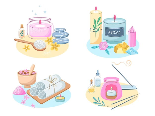 Candele profumate e composizioni di accessori spa cute cartoon aromaterapia cose bagno rilassante e massaggio di bellezza set vettoriale essenziale