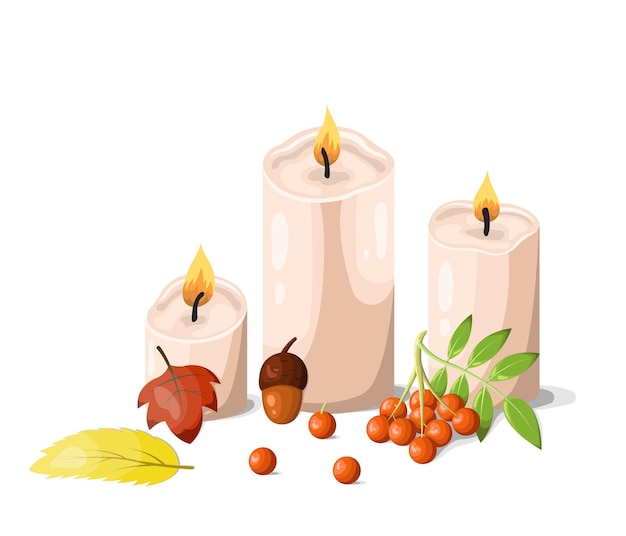 Vector scented candles with berries and autumn leaves on a white background