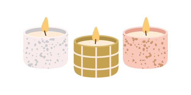 Scented wax candles. Modern aromatic decoration for cosy home interior. Decorative burning candlelight. Natural romantic decor with flame. Flat vector illustration isolated on white background.