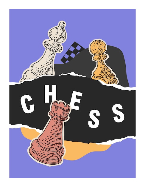 Vector schaak artistieke poster abstract schaak sjabloon met met de hand getekende schaakstukken