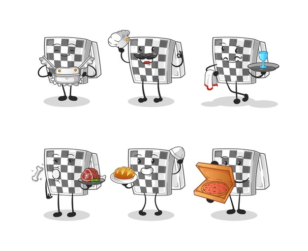 Schaakbord restaurant groep karakter. cartoon mascotte vector