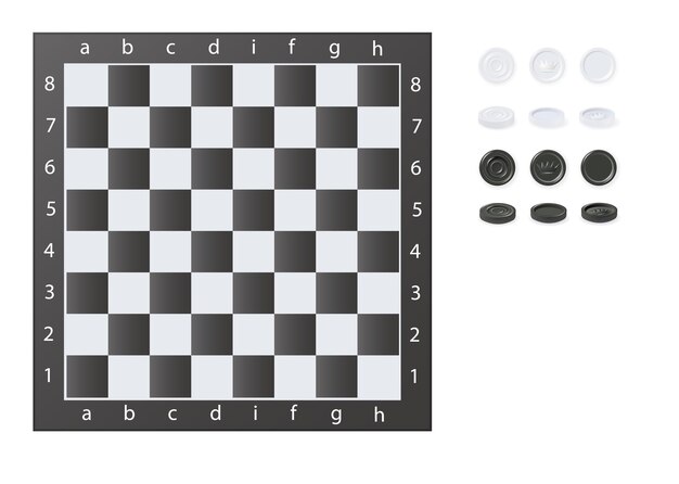 Schaakborden op houten achtergrond damspel met stukken in zwart-wit vector
