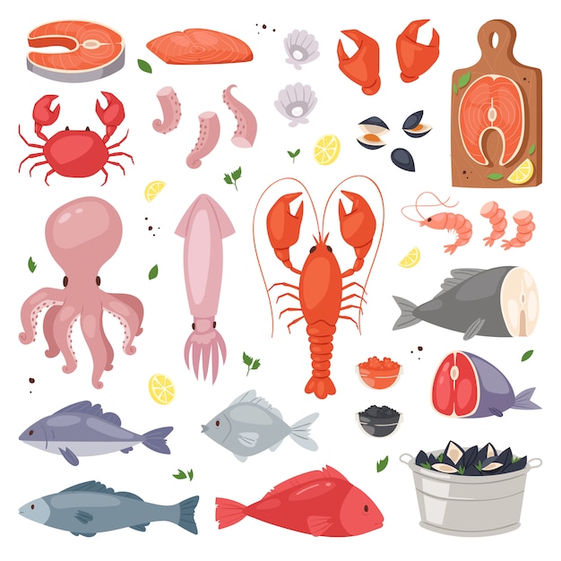 Schaal-en schelpdieren zeevis schaaldieren en kreeft op vismarkt illustratie visserij set zalm garnalen voor oceaan gourmet diner geïsoleerd op witte achtergrond