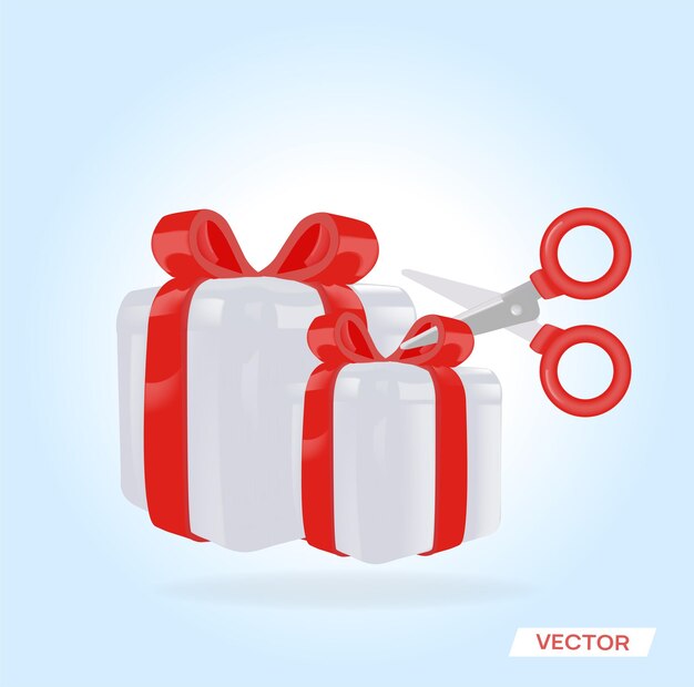 Vector schaar opent de doos. rode schaar sneed een rode strik op een witte doos. vector 3d illustratie