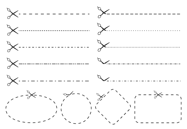 Schaar snijlijn waardebon of kortingsbon knipsel stippellijnen met schaarpictogram en frames voor het knippen van vectorset