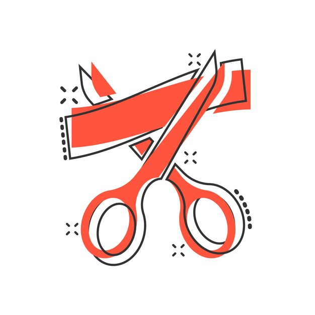 Schaarpictogram in komische stijl Knippende lint vectorbeeldverhaalillustratie op witte geïsoleerde achtergrond Ceremoniële bedrijfsconceptplonseffect
