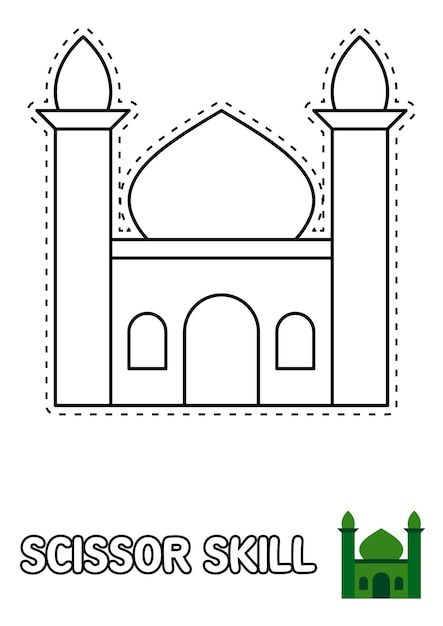 Schaarvaardigheidspagina met moskee voor kinderen