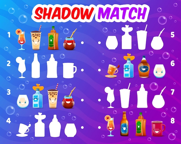 Schaduw match spel Drink stripfiguren Zoek een juiste tint glazen flessen of kopjes Kinderen vector werkblad met rum tequila koffie of theemokken Bubble cocktail melk en pulque silhouetten