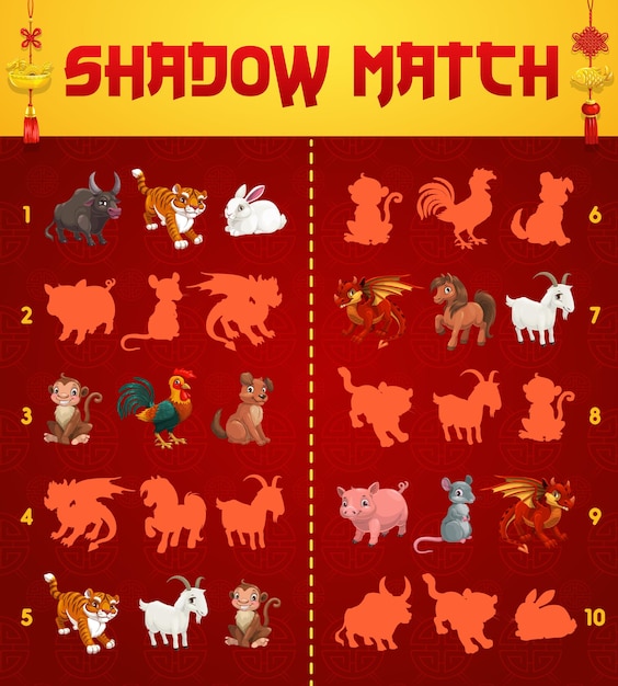 Schaduw matching game voor kinderen met chinese dierenriem dieren