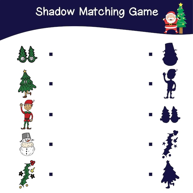 Schaduw matching game werkblad. Educatief afdrukbaar werkblad voor kinderen met kerstthema.