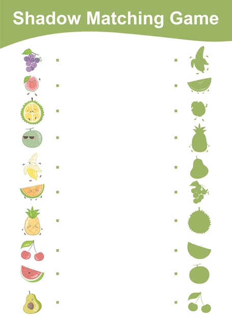 Schaduw Matching-spel voor kleuters. Tropische Vruchten Editie. Educatief activiteitenblad