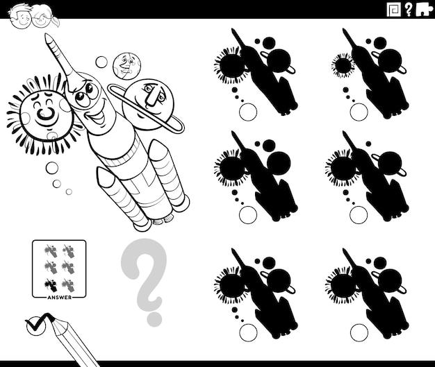 Schaduwenspel met cartoonraket in de ruimte kleurplaat