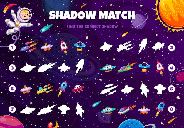 Schaduwmatchspel Vind de schaduw van raket-ufo en ruimteschepen Vector kinderwerkblad met cartoon ruimtevaartuigsilhouetten Kinderactiviteit voorschoolse educatie raadsel voor logische geestontwikkeling