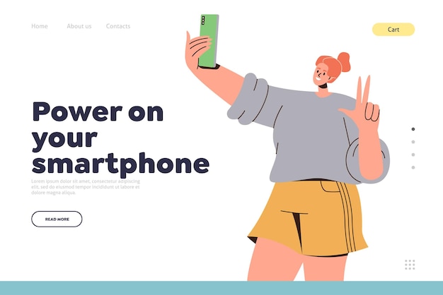 Schakel de ontwerpsjabloon van uw smartphone-bestemmingspagina in met een gelukkige tienervrouw die selfie maakt