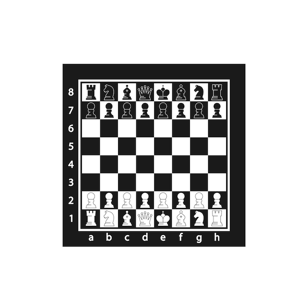 Schaken cijfers op schaakbord bovenaanzicht zwart-wit spel stukken koning koningin toren ridder bisschop pion aan boord
