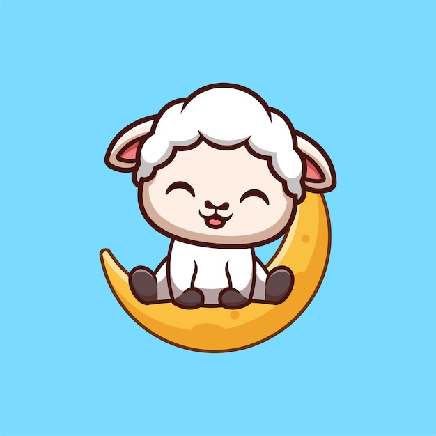 Schapen Zittend Op Maan Leuke Creatieve Kawaii Cartoon Mascotte Logo