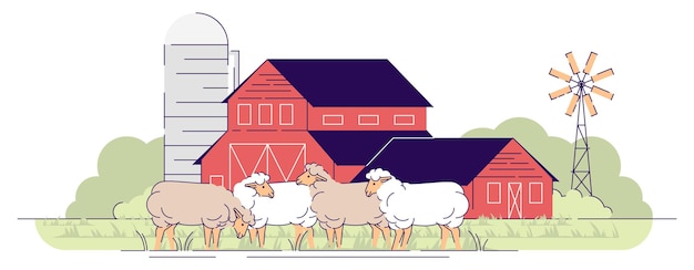 Schapenboerderij platte vectorillustratie. Veehouderij, veeteelt cartoon concept. Schapen grazen op erfweide. Dorpslandbouwgrond met boerenerf, landelijke boerderij. Houten rode schuren gebouwen