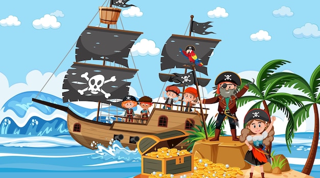 Schateiland-tafereel overdag met Piratenkinderen