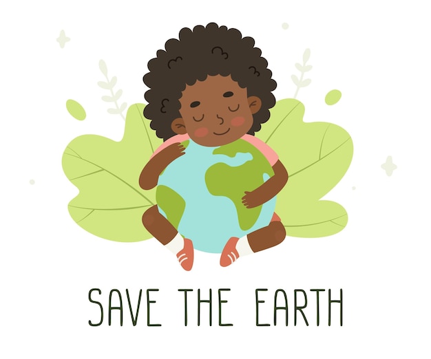 Schattig afro-amerikaans meisje zit en knuffelt de planeet aarde