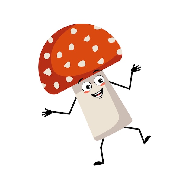 Vector schattig amanita karakter met vrolijke emoties dansende glimlach gezicht blije ogen armen en benen vliegenzwam m...