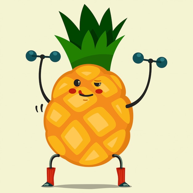 Schattig ananas stripfiguur doen oefeningen met halters. Gezond eten en fitness. illustratie geïsoleerd op de achtergrond.