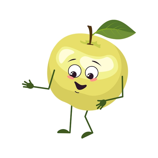 Schattig appelkarakter met vreugde-emoties, lachend gezicht, gelukkige ogen, armen en benen. Een ondeugende groene fruitheld. Platte vectorillustratie