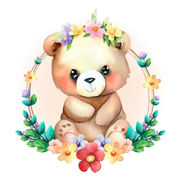 Vector schattig aquarel teddybeer dier met krans clipart