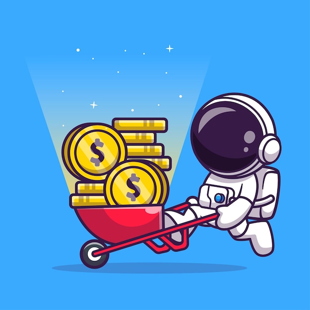 Schattig, astronaut, mijnbouw, gouden munt, spotprent, vector, pictogram, illustratie, wetenschap, financiën, pictogram, isolated