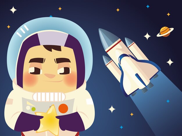 Schattig astronaut ruimteschip en planeet cartoon ruimte illustratie