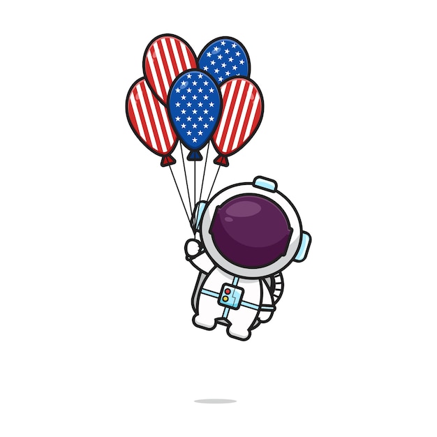 Schattig astronaut vliegen met ballon vieren amerika onafhankelijkheidsdag cartoon pictogram vectorillustratie. ontwerp geïsoleerd op wit. platte cartoonstijl.