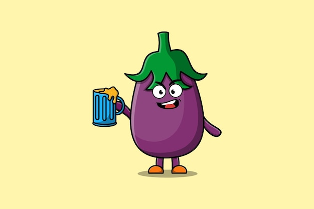 Schattig aubergine stripfiguur mascotte met bierglas en schattig stijlvol design platte illustratie